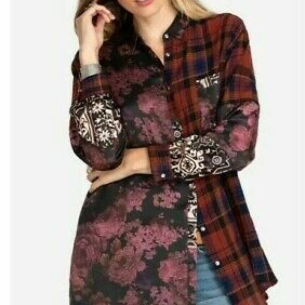 Johnny Was Black and Burgundy Mixed Plaid & Floral Button-Down Shirt